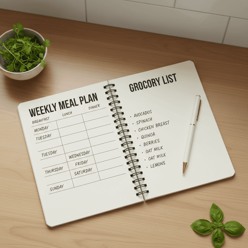 Handwritten meal plan notebook on a kitchen counter
