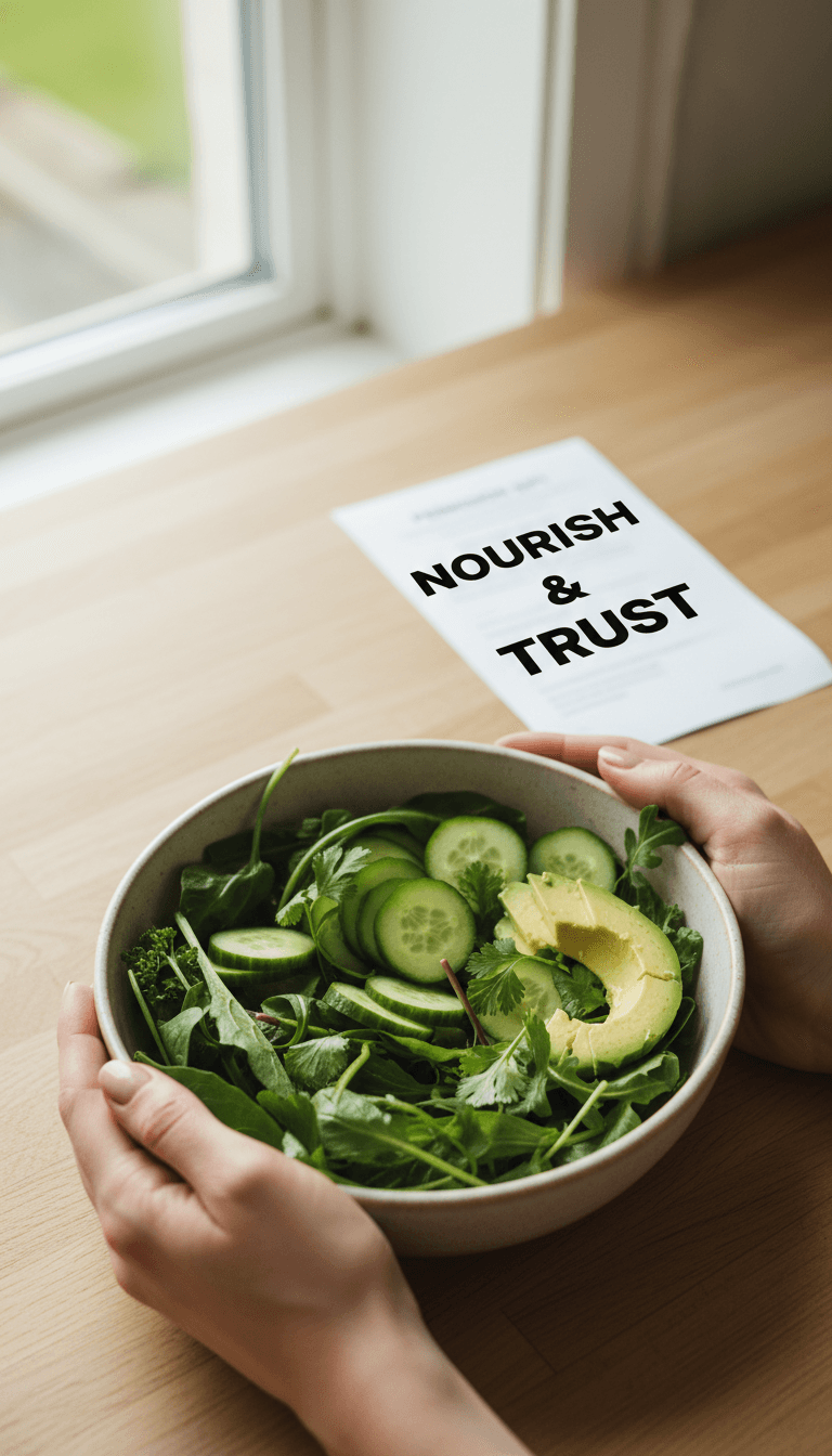 Client hands holding a bowl of vegetables with a receipt nearby on a wooden counter