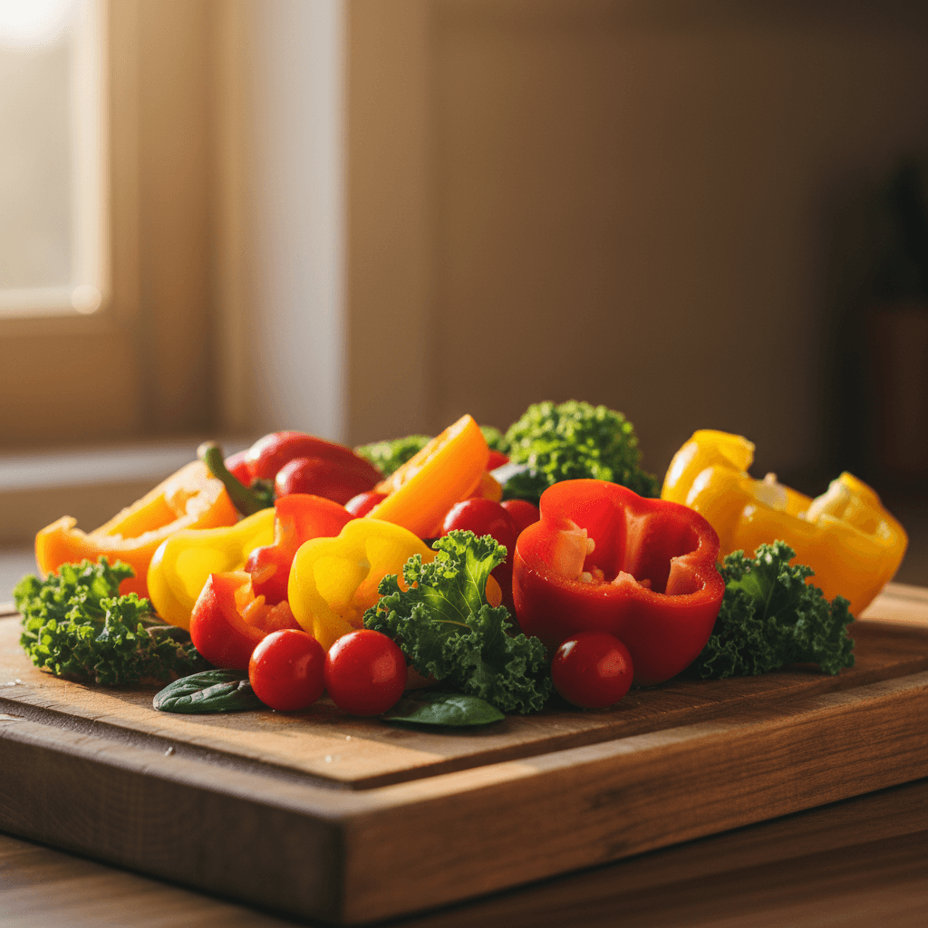 Fresh vegetables on a wooden cutting board in natural light