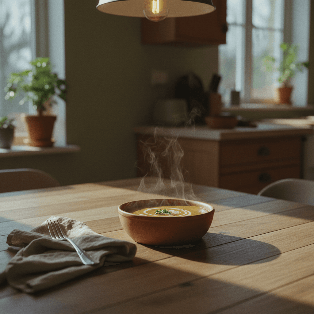 Bowl of soup on a dinner table with a fork and napkin