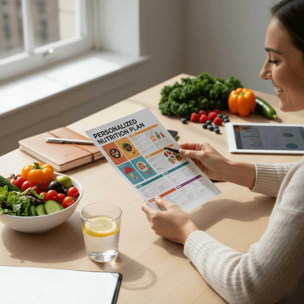Dietitian reviewing a meal plan with a client at a table