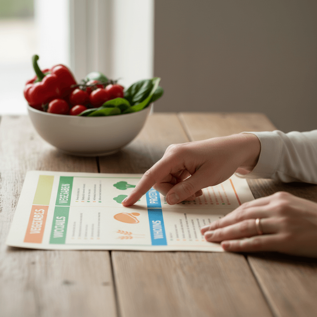 A dietitian's hands reviewing a meal plan beside a bowl of fresh vegetables