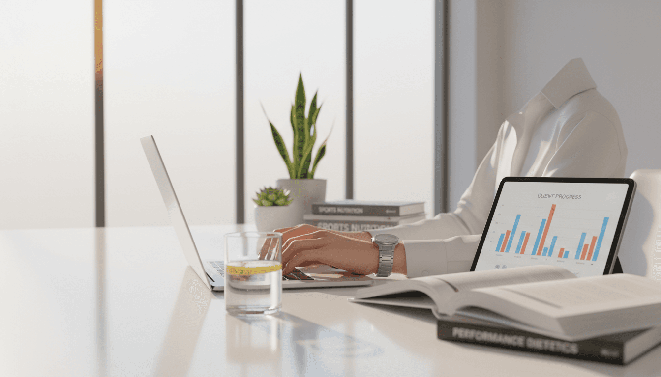 Desk with stethoscope, laptop, and tea in a nutrition clinic