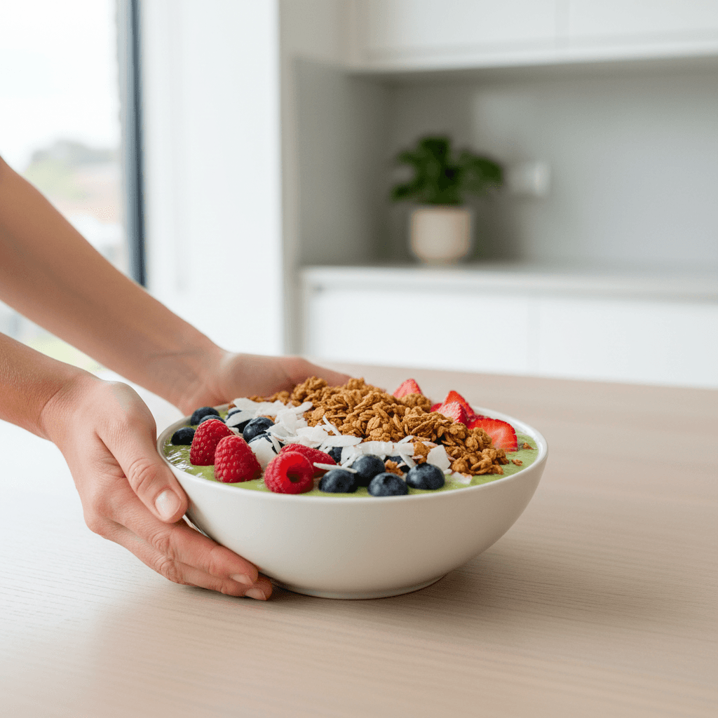 Client's hands holding a bowl of oatmeal with berries