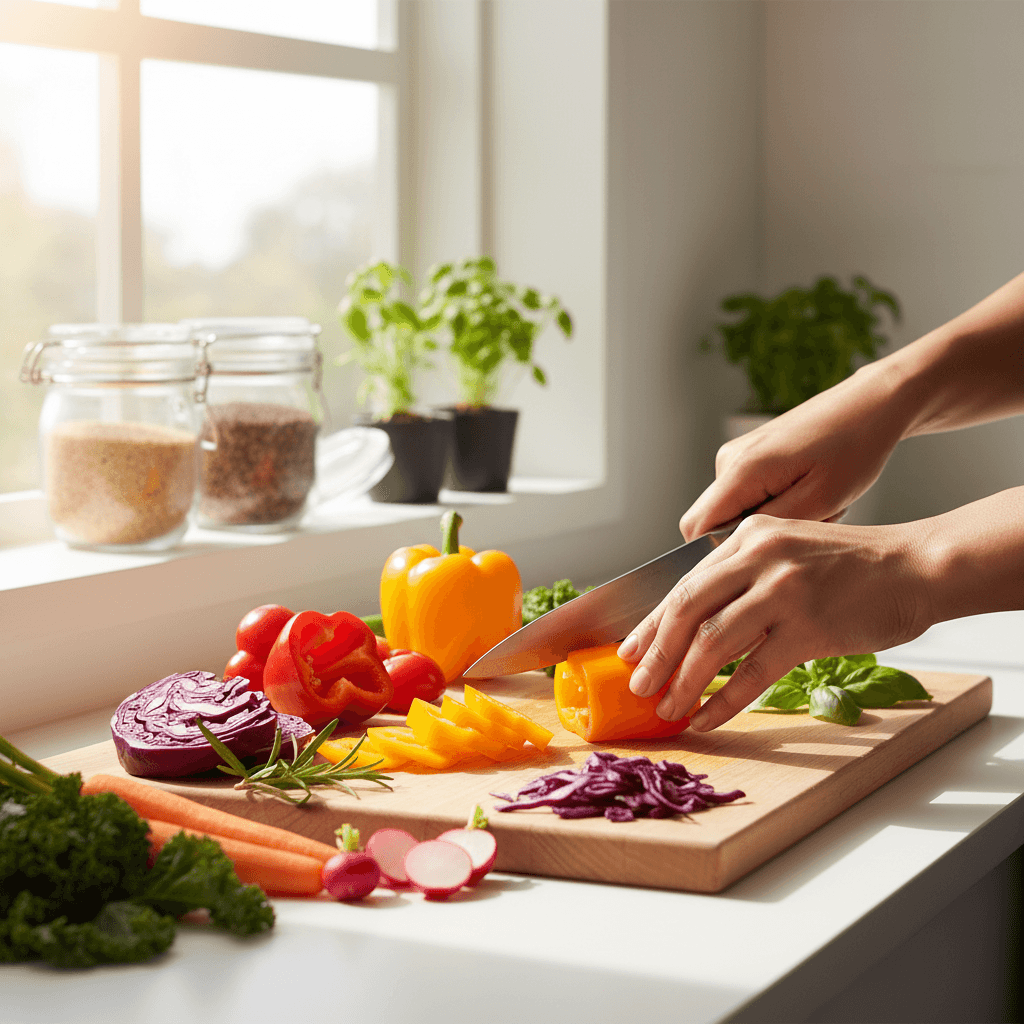 Dietitian's hands arranging fresh vegetables on a cutting board