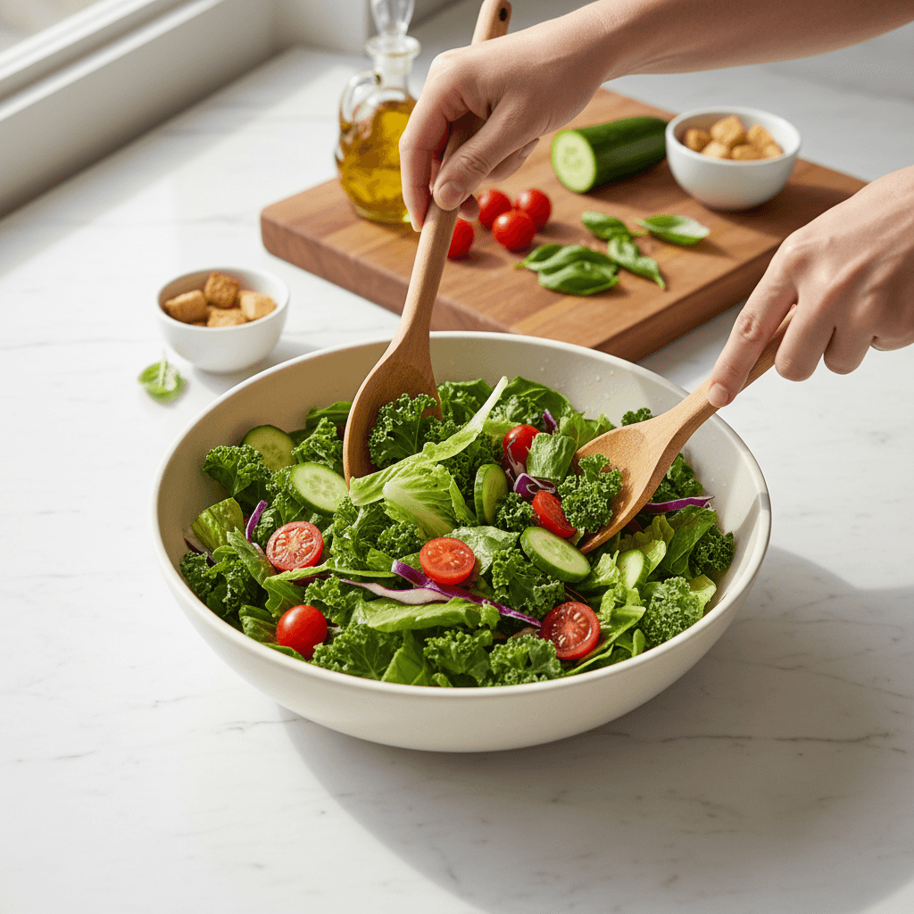Dietitian's hands placing a fresh salad bowl on a wooden table in a sunlit clinic